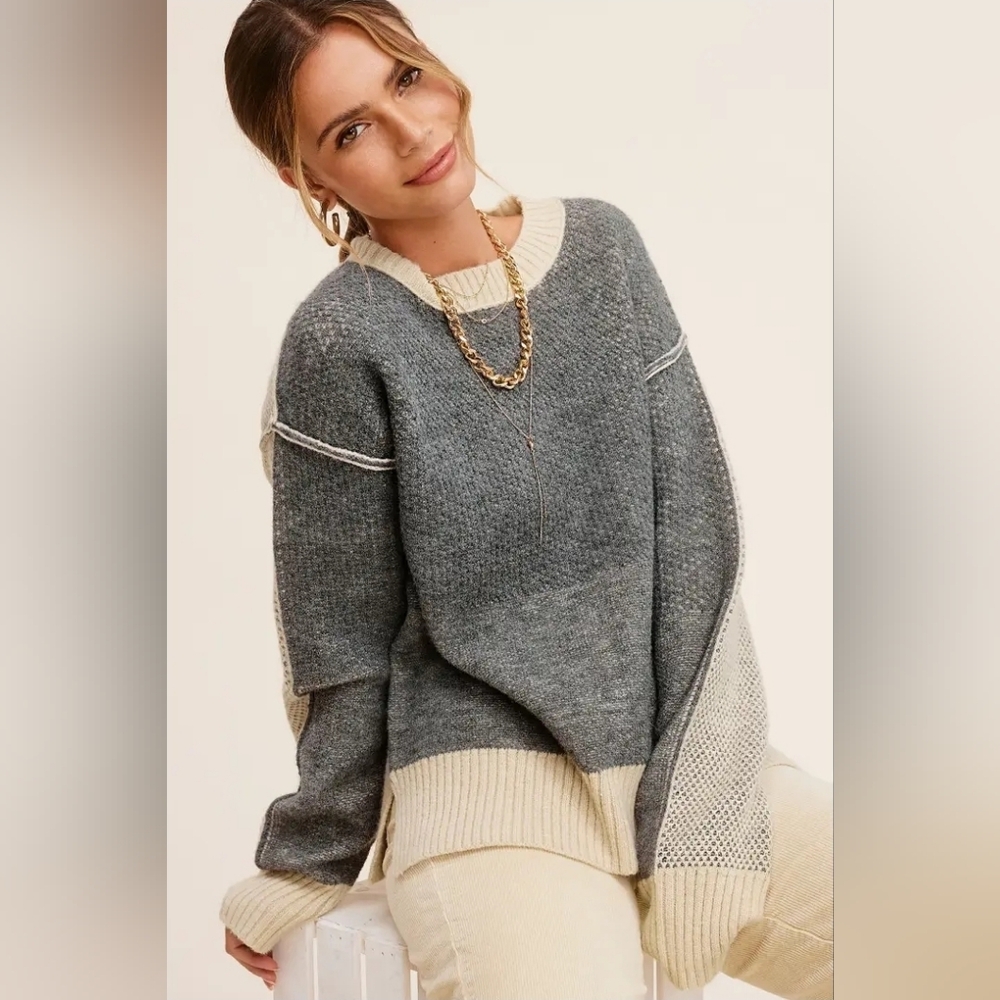LA MIEL Gray and Cream Colorblock Crewneck Sweater